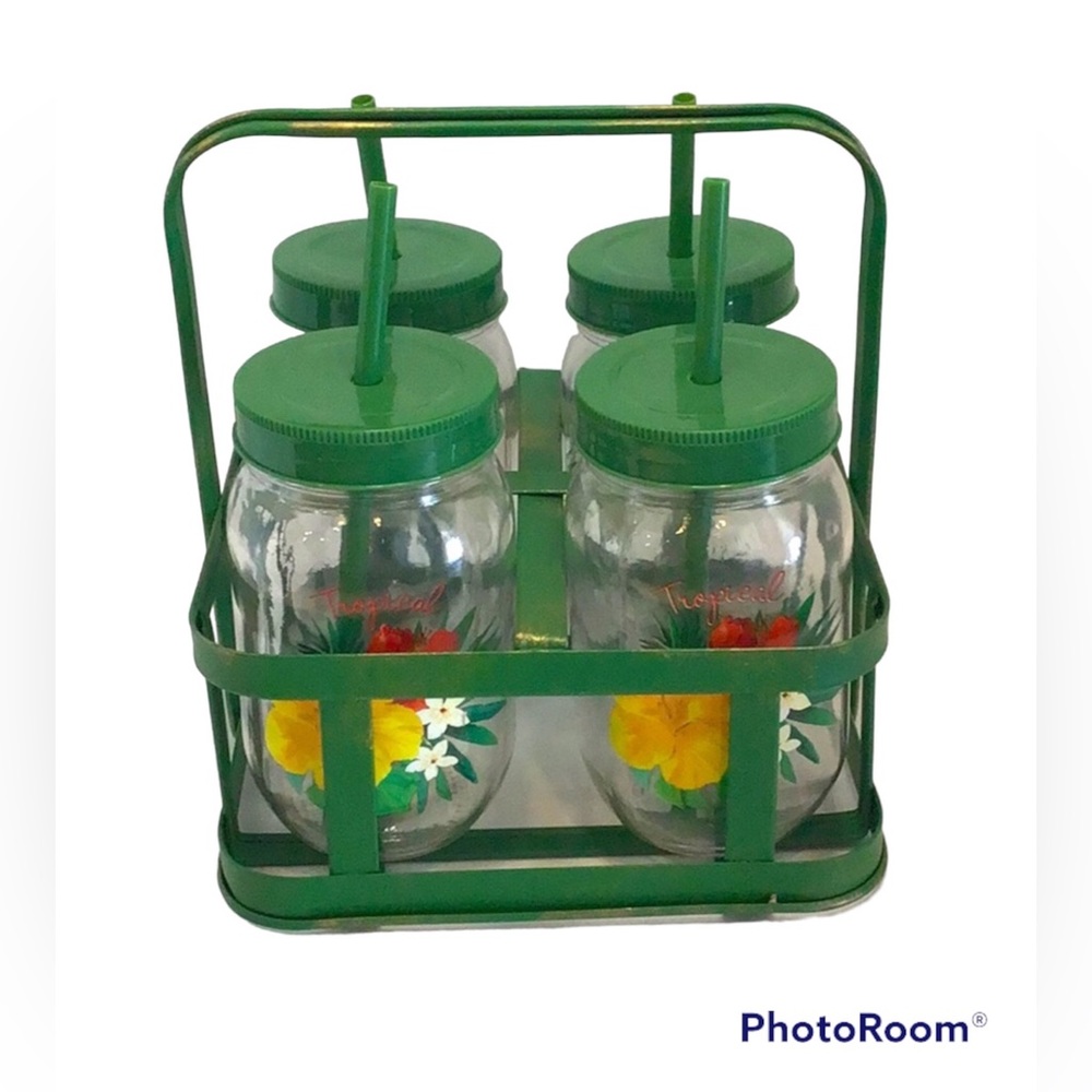 💚 Retro Tropical Mason Jar Drinkware Set with Metal Rack